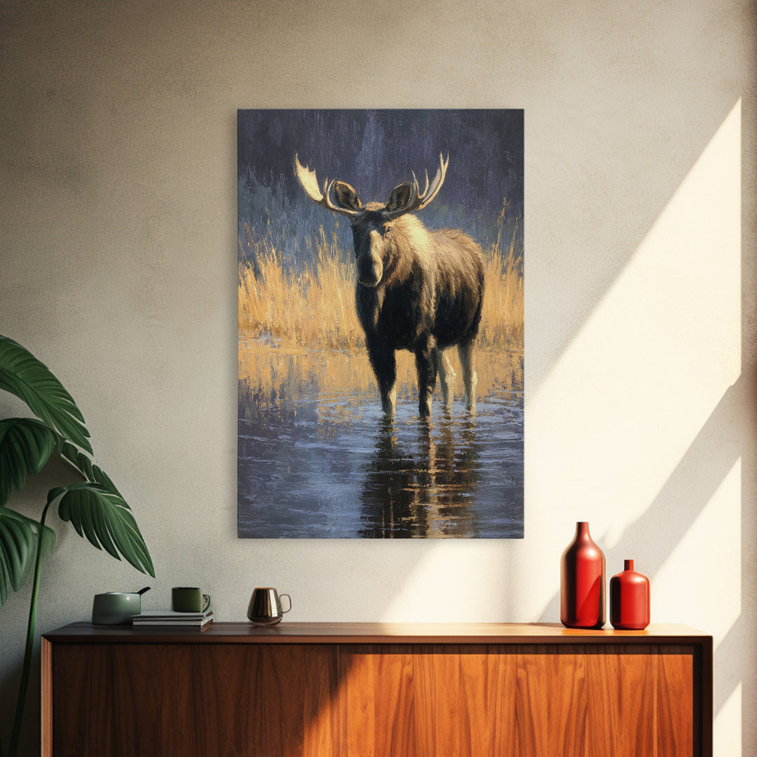 Moose Standing in Reflective Lake Canvas Print, Wildlife Art, Fine Art Print, Living Room Decor, Watercolor Art, Wild, WIL-2x3-27