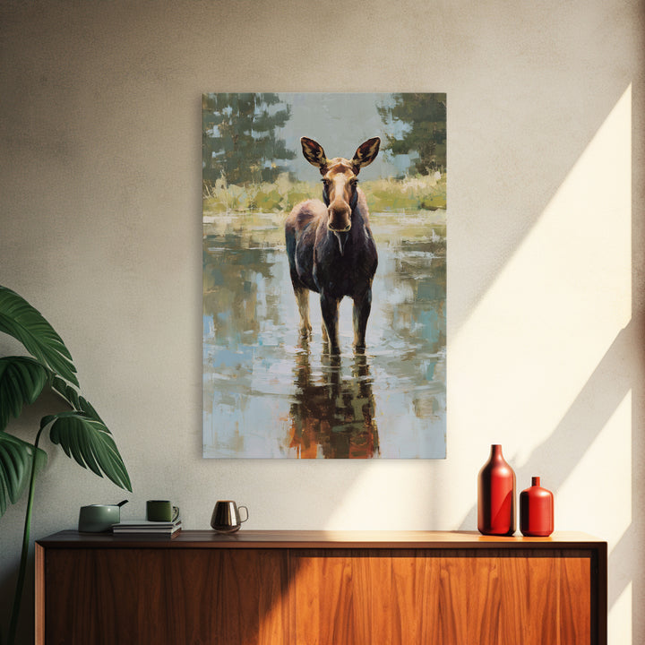 Moose Standing in Reflective Lake Framed Canvas Print, Wildlife Art, Forest Wall Art, Living Room Decor, Fine Art, Wild, WIL-2x3-3