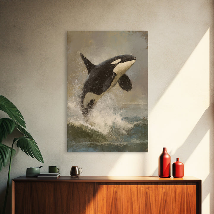Orca Breaching in Cold Ocean Canvas Print, Wildlife Art, Statement Artwork, Living Room Decor, Fine Art, Wild, Wall Decor, WIL-2x3-31