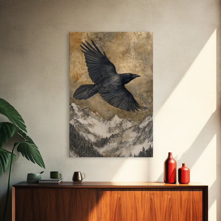 Raven Flying Through Snowy Mountains Canvas Print, Wildlife Art, Nature Wall Art, Living Room Decor, Watercolor Art, Wild, WIL-2x3-32