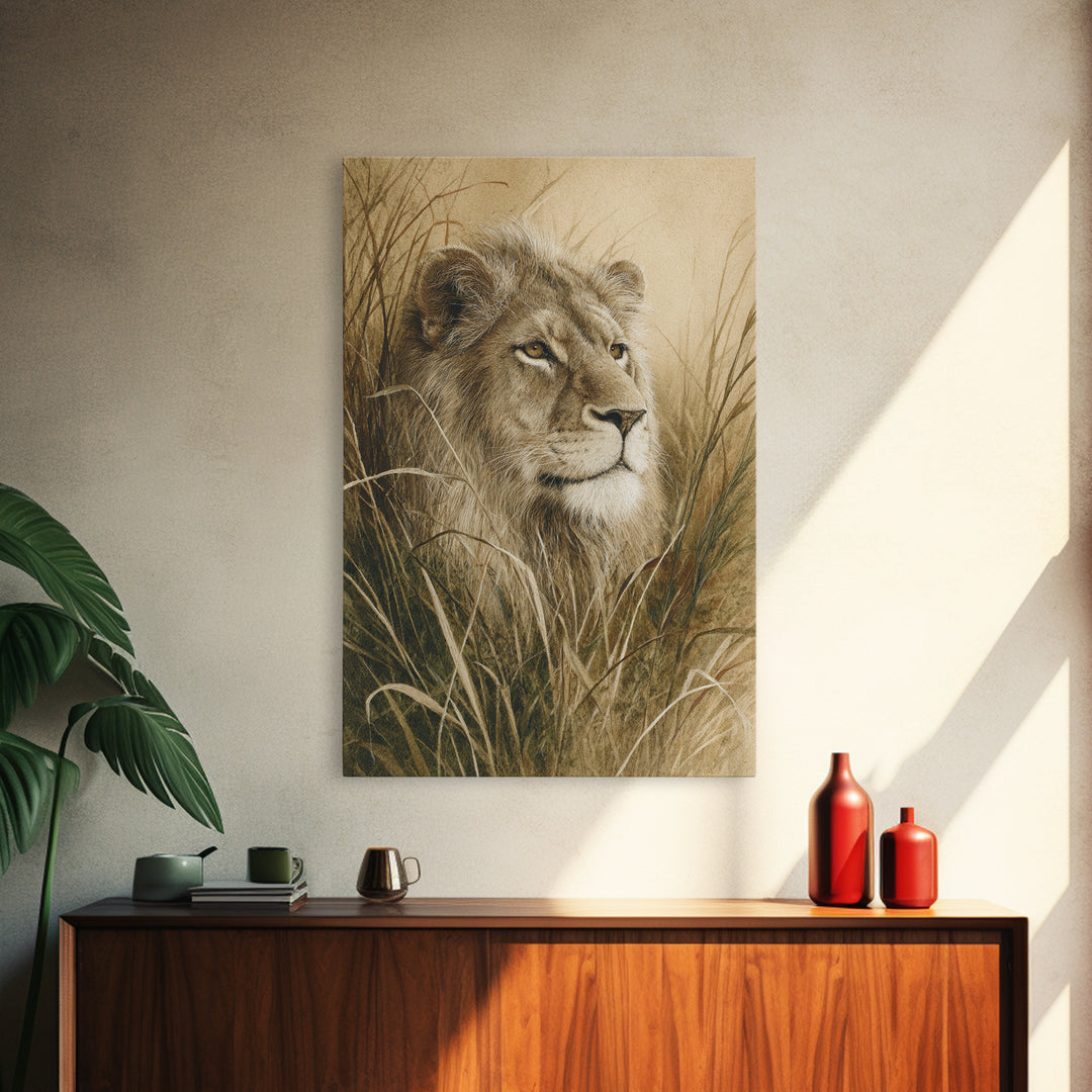 Lion Emerging from Golden Savanna Grass Framed Canvas Print, Wildlife Art, Living Room Decor, Watercolor Art, Wild, WIL-2x3-33