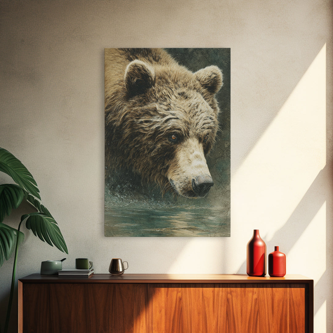 Bear Fishing in Rushing Mountain River Framed Canvas Print, Wildlife Art, Leopard Wall Art, Living Room Decor, Watercolor Art, WIL-2x3-36
