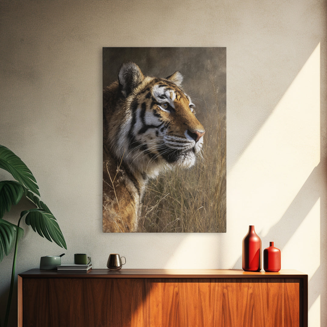 Tiger Portrait with Jungle Shadows Framed Canvas Print, Wildlife Art, Wall Decor, Living Room Decor, Fine Art, Wild, Bird Art, WIL-2x3-37