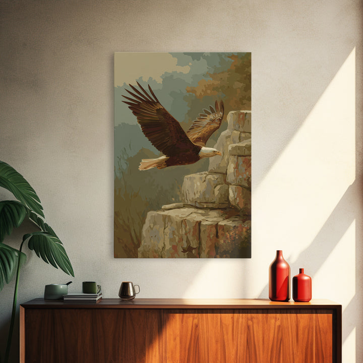 Eagle Soaring Above Rocky Cliffs Framed Canvas Print, Wildlife Art, Wall Art, Living Room Decor, Wild, Modern Wall Art, WIL-2x3-38