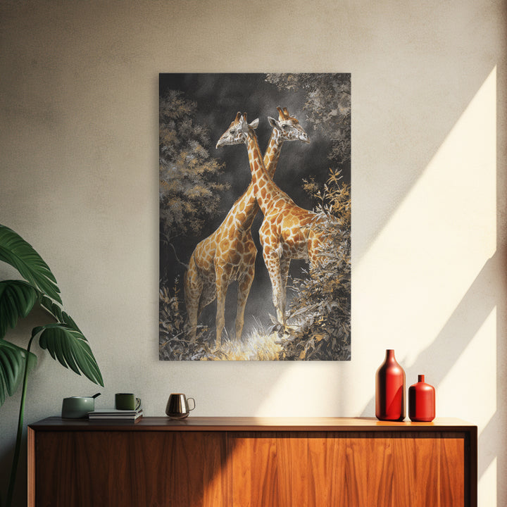 Giraffe Pair under Acacia Tree Canvas Print, Wildlife Art, Minimalist Decor, Living Room Decor, Fine Art, Wild, Wall Art Print, WIL-2x3-39