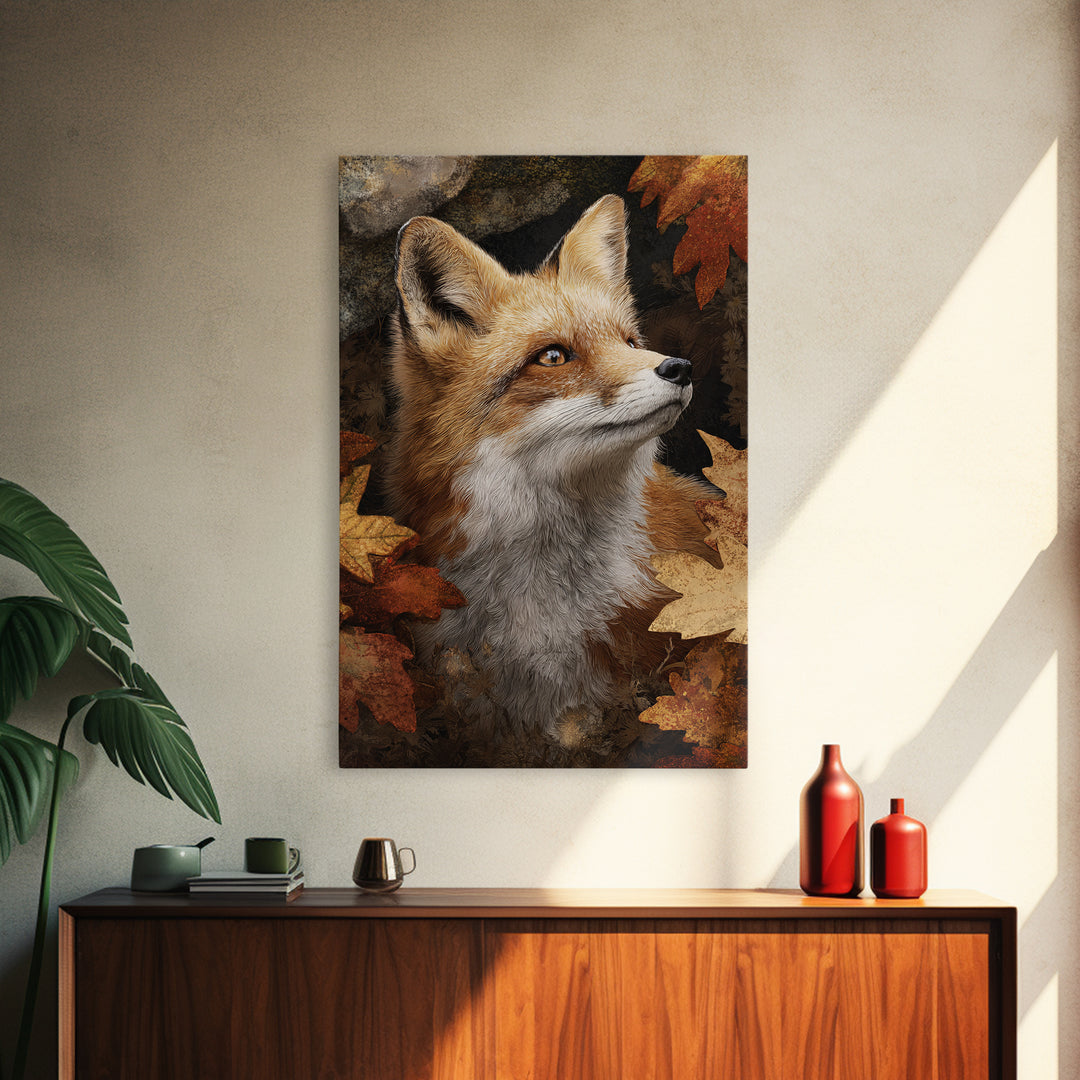 Fox in Autumn Forest Leaves Framed Canvas Print, Wildlife Art, Painting, Living Room Decor, Wild, Living Room Wall Art, WIL-2x3-41