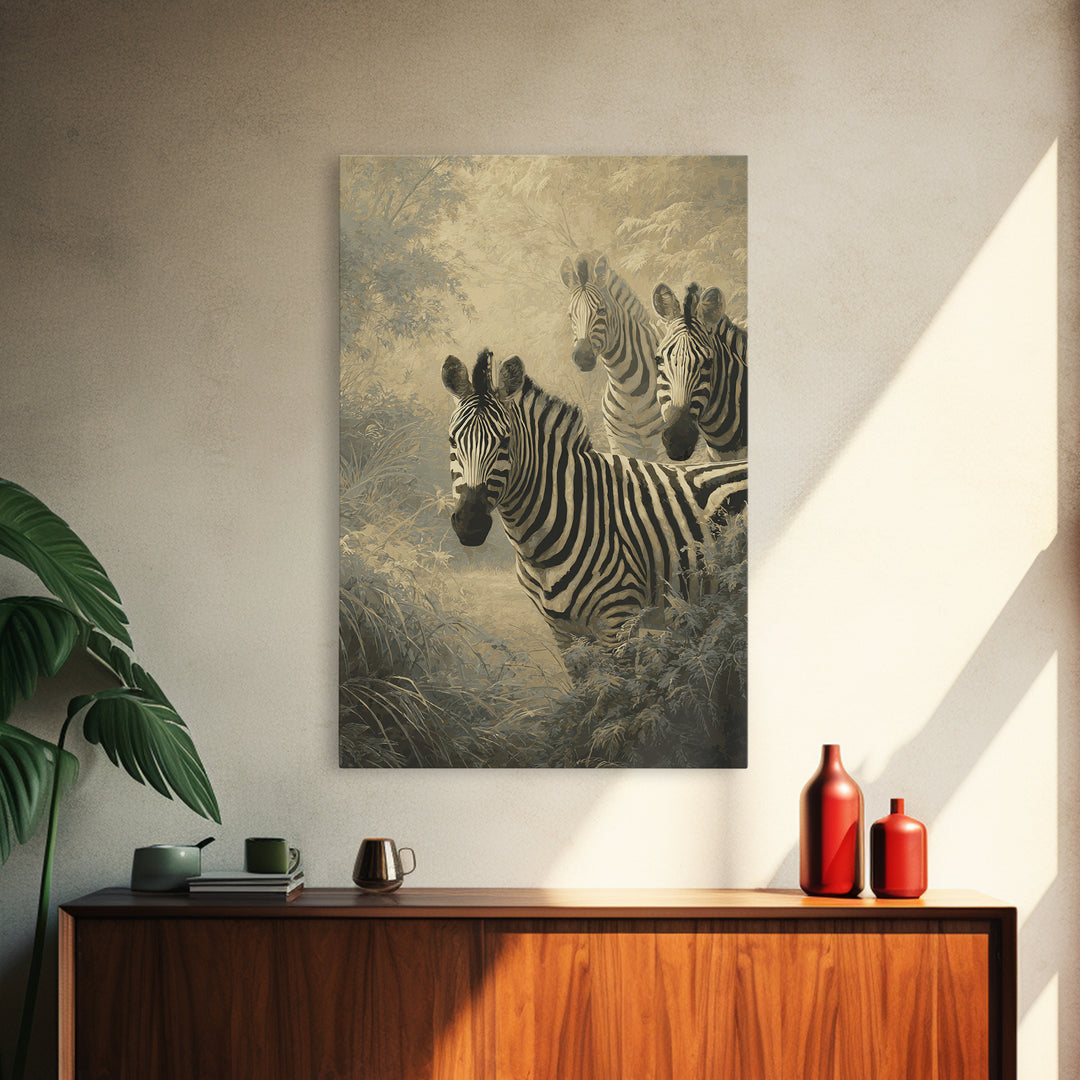 Zebra Herd in Graphic Black and White Framed Canvas Print, Wildlife Art, Contemporary Art, Living Room Decor, Fine Art, Wild, WIL-2x3-43