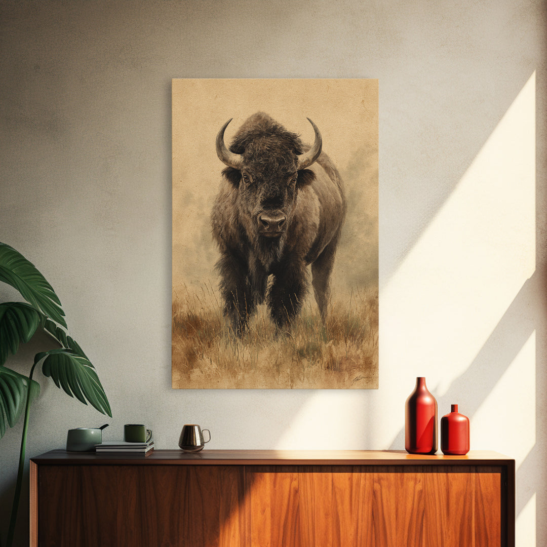 Bison on Wide Western Prairie Canvas Print, Wildlife Art, Wall Hangings, Living Room Decor, Fine Art, Wild, Bird Art, WIL-2x3-45