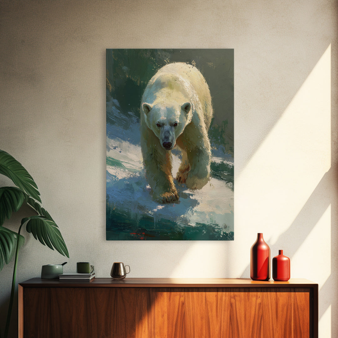 Polar Bear Crossing Blue Ice Framed Canvas Print, Wildlife Art, Wall Art, Living Room Decor, Abstract Art, Wild, WIL-2x3-47