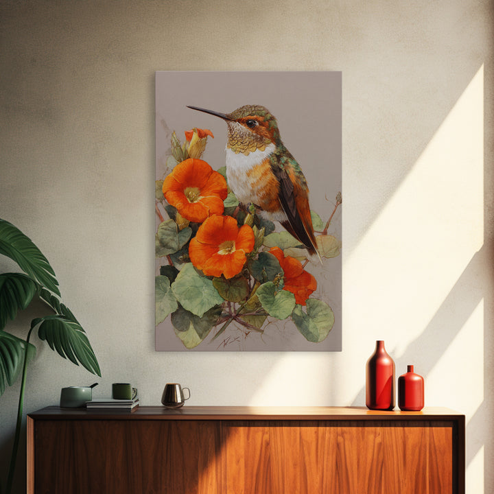 Hummingbird Beside Bright Flowers Framed Canvas Print, Wildlife Art, Boho Decor, Living Room Decor, Fine Art, Wild, Painting, WIL-2x3-48