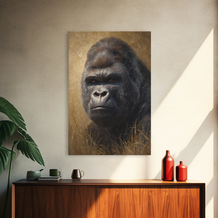 Gorilla Portrait with Powerful Gaze Canvas Print, Wildlife Art, Oil Painting, Living Room Decor, Wild, Bedroom Wall Art, WIL-2x3-49