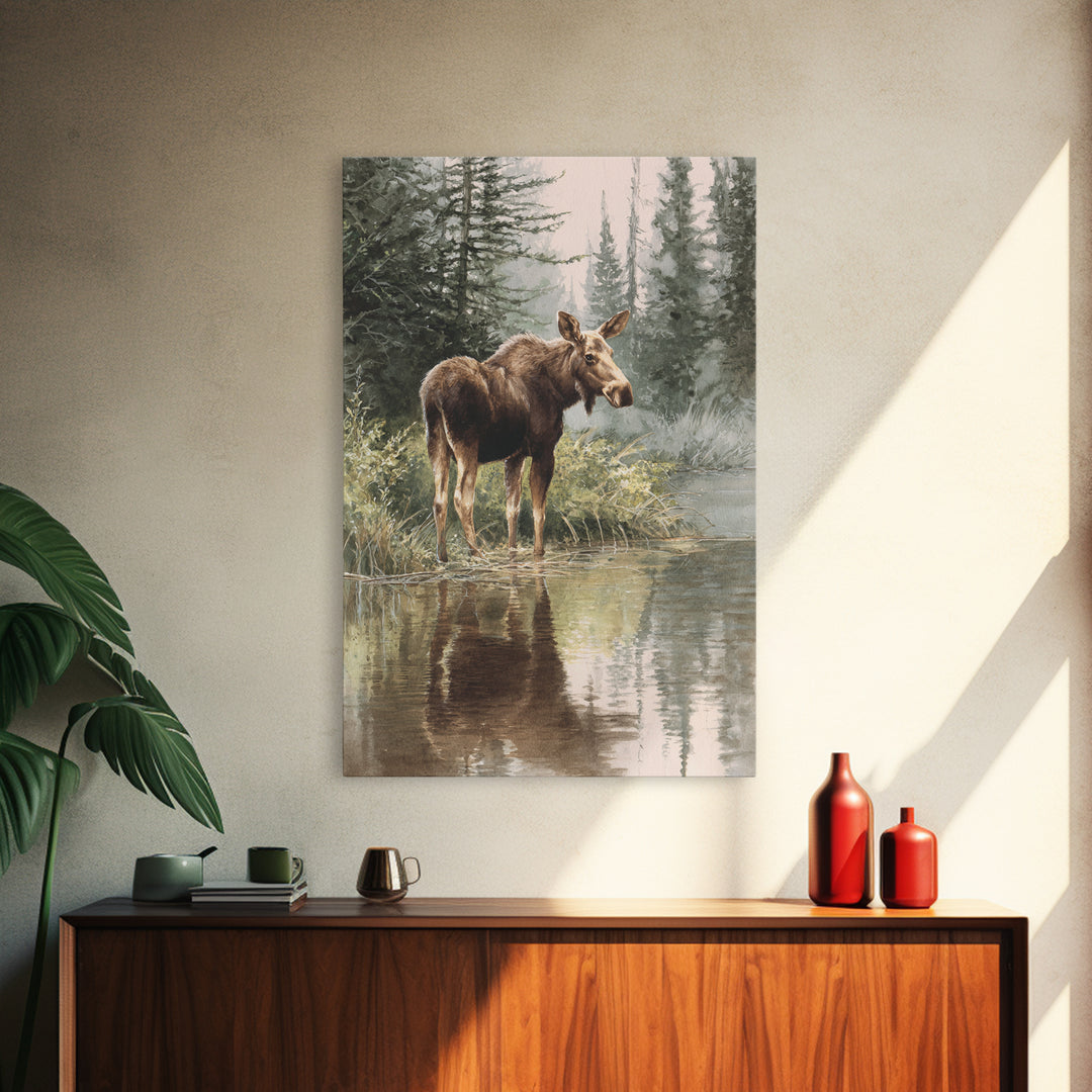 Moose Standing in Reflective Lake Framed Canvas Print, Wildlife Art, Room Decor, Living Room Decor, Fine Art, Wild, WIL-2x3-51