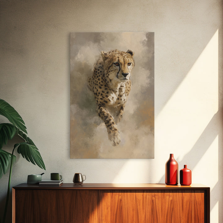 Cheetah Running Through Warm Dust Framed Canvas Print, Wildlife Art, Digital Wall Art, Living Room Decor, Oil Painting, Wild, WIL-2x3-53