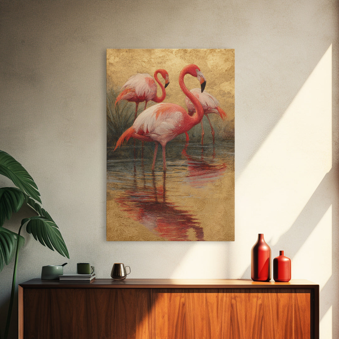 Flamingos in Pink Shallow Water Canvas Print, Wildlife Art, Minimalist Decor, Living Room Decor, Fine Art, Wild, Wall Art Print, WIL-2x3-54