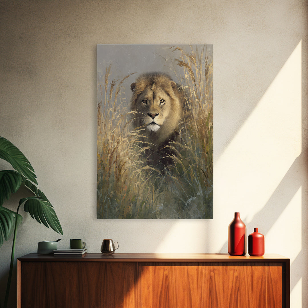 Lion Emerging from Golden Savanna Grass Canvas Print, Wildlife Art, Boho Wall Decor, Living Room Decor, Oil Painting, Wild, WIL-2x3-57