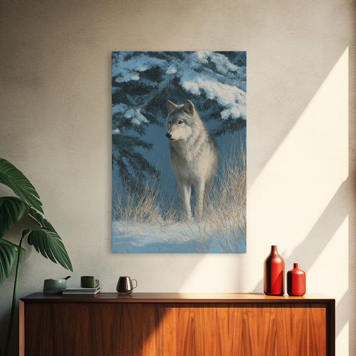 Wolf Standing Beneath Snowy Pine Trees Framed Canvas Print, Wildlife Art, Wall Decor, Living Room Decor, Oil Painting, Wild, WIL-2x3-59