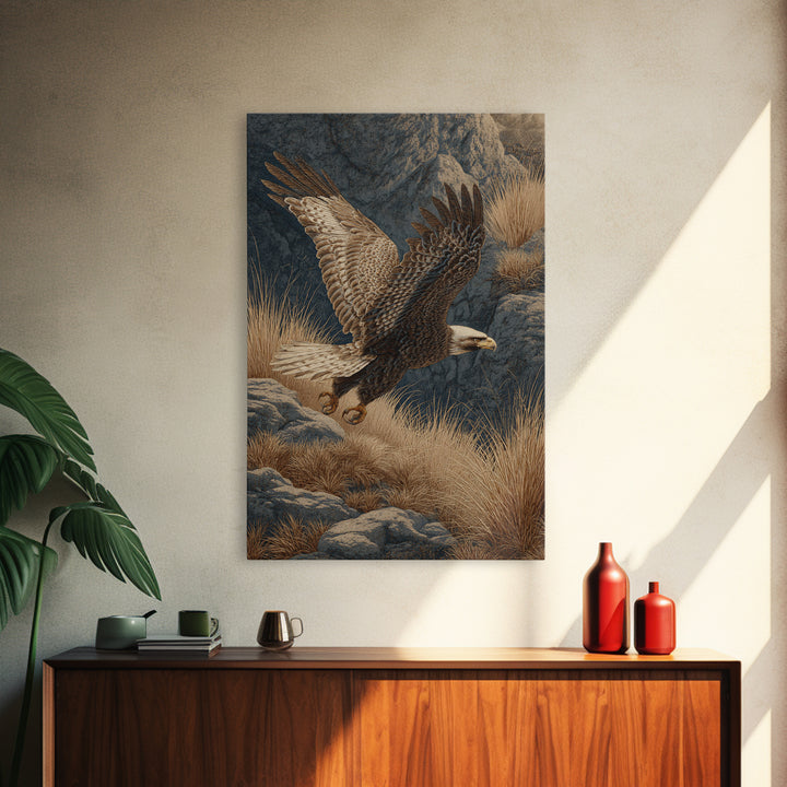 Eagle Soaring Above Rocky Cliffs Canvas Print, Wildlife Art, Oil Painting, Living Room Decor, Abstract Art, Wild, WIL-2x3-62