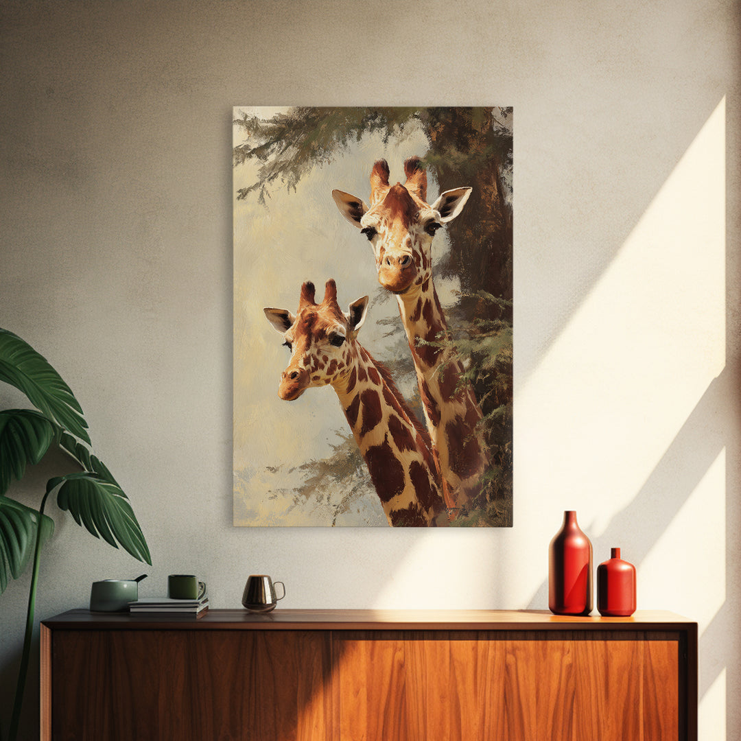 Giraffe Pair under Acacia Tree Framed Canvas Print, Wildlife Art, Painting, Living Room Decor, Watercolor Art, Wild, Bird Art, WIL-2x3-63