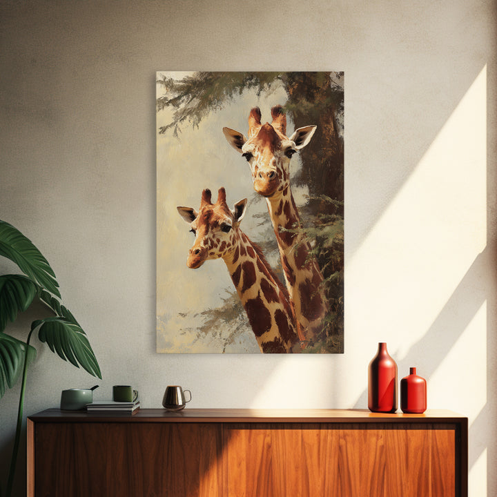 Giraffe Pair under Acacia Tree Framed Canvas Print, Wildlife Art, Painting, Living Room Decor, Watercolor Art, Wild, Bird Art, WIL-2x3-63