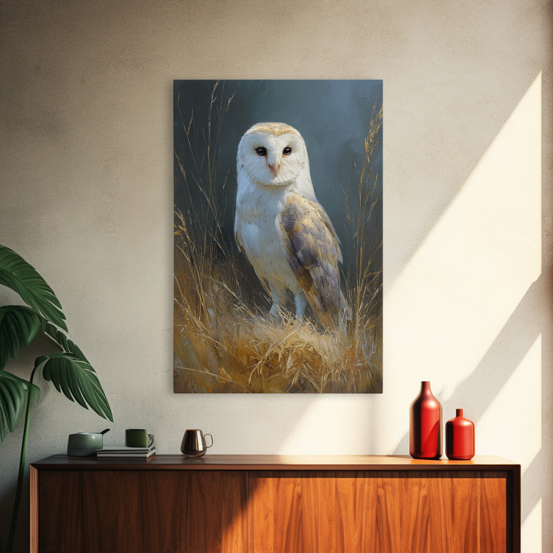 Owl Perched in Moonlit Woodland Framed Canvas Print, Wildlife Art, Large Wall Art, Living Room Decor, Fine Art, Wild, WIL-2x3-68