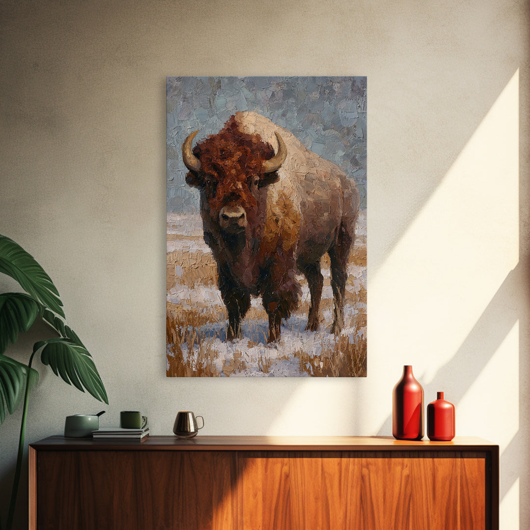 Bison on Wide Western Prairie Framed Canvas Print, Wildlife Art, Living Room Decor, Wild, Living Room Art, Canvas Painting, WIL-2x3-69