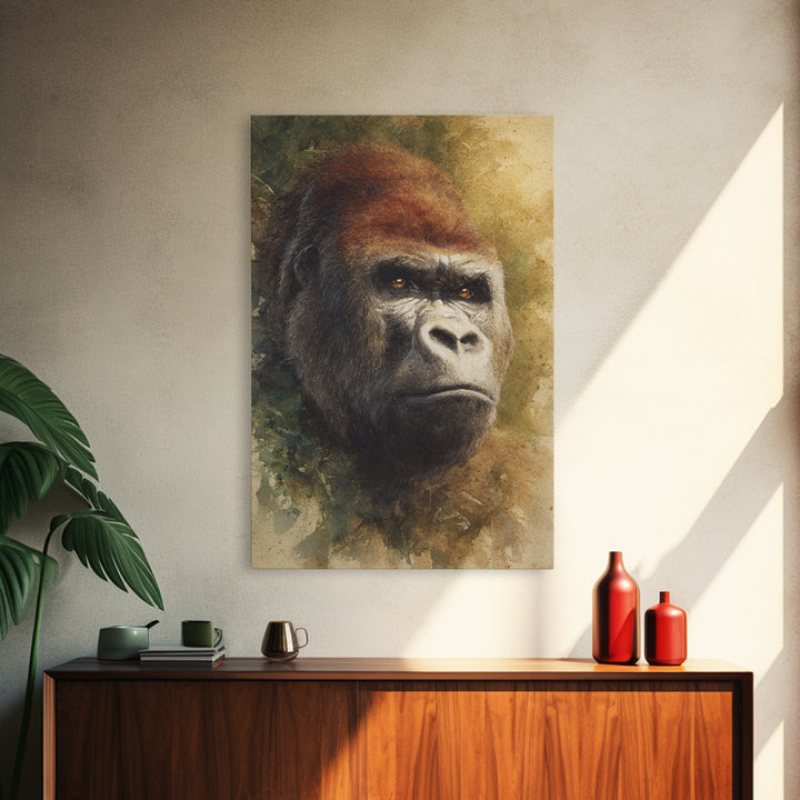 Gorilla Portrait with Powerful Gaze Framed Canvas Print, Wildlife Art, Wall Art Print, Living Room Decor, Oil Painting, Wild, WIL-2x3-73