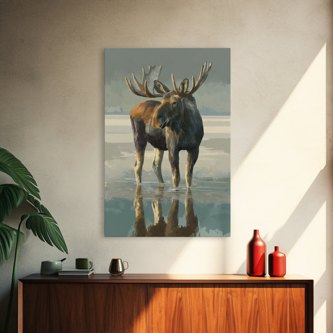 Moose Standing in Reflective Lake Framed Canvas Print, Wildlife Art, Digital Wall Art, Living Room Decor, Fine Art, Wild, WIL-2x3-75