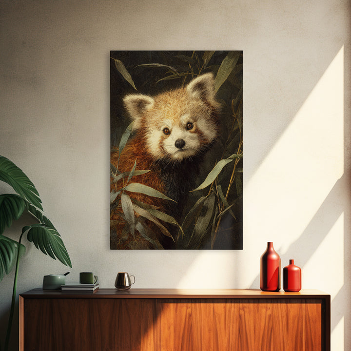Red Panda Among Bamboo Leaves Framed Canvas Print, Wildlife Art, Canvas Print, Living Room Decor, Wild, Forest Wall Art, WIL-2x3-76
