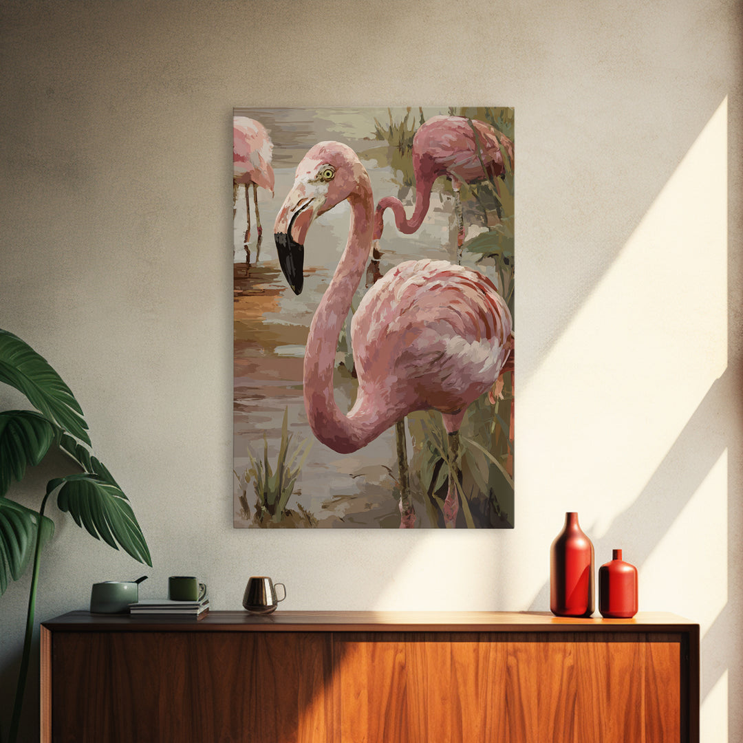 Flamingos in Pink Shallow Water Framed Canvas Print, Wildlife Art, Painting, Living Room Decor, Wild, Living Room Wall Art, WIL-2x3-78
