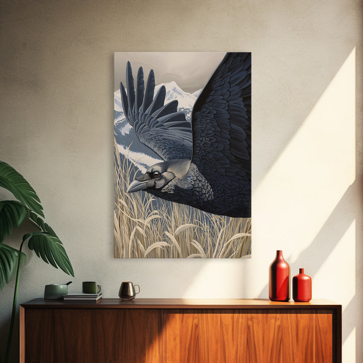 Raven Flying Through Snowy Mountains Framed Canvas Print, Wildlife Art, Landscape Art, Living Room Decor, Fine Art, Wild, WIL-2x3-8