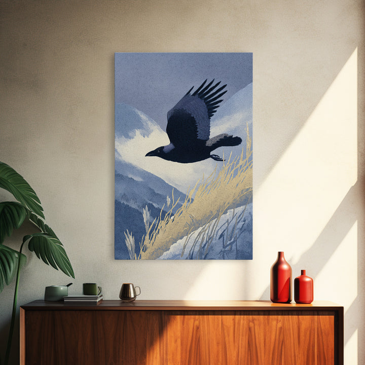 Raven Flying Through Snowy Mountains Framed Canvas Print, Wildlife Art, Contemporary Art, Living Room Decor, Fine Art, Wild, WIL-2x3-80