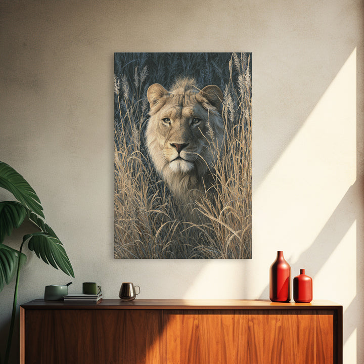 Lion Emerging from Golden Savanna Grass Canvas Print, Wildlife Art, Boho Wall Decor, Living Room Decor, Oil Painting, Wild, WIL-2x3-81