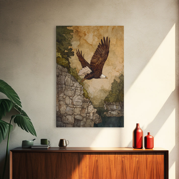 Eagle Soaring Above Rocky Cliffs Canvas Print, Wildlife Art, Oil Painting, Living Room Decor, Abstract Art, Wild, WIL-2x3-86