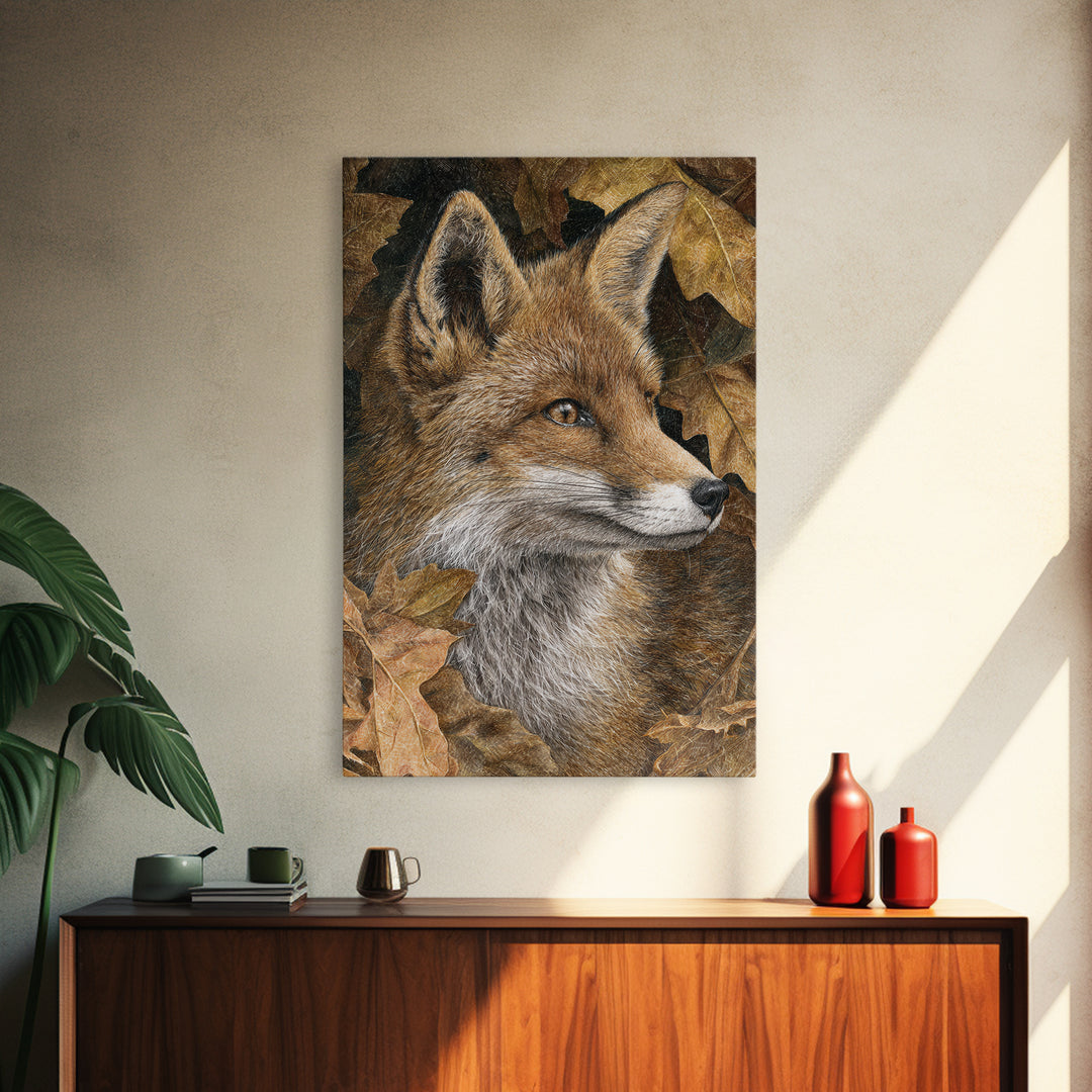 Fox in Autumn Forest Leaves Framed Canvas Print, Wildlife Art, Canvas Print, Living Room Decor, Fine Art, Wild, Forest Wall Art, WIL-2x3-89