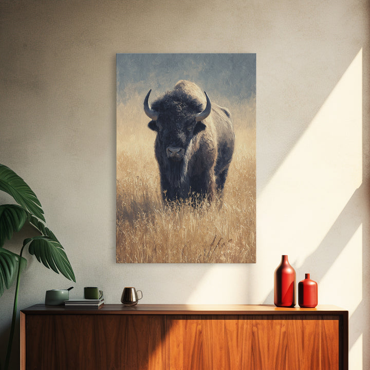 Bison on Wide Western Prairie Framed Canvas Print, Wildlife Art, Living Room Decor, Wild, Living Room Art, Canvas Painting, WIL-2x3-93
