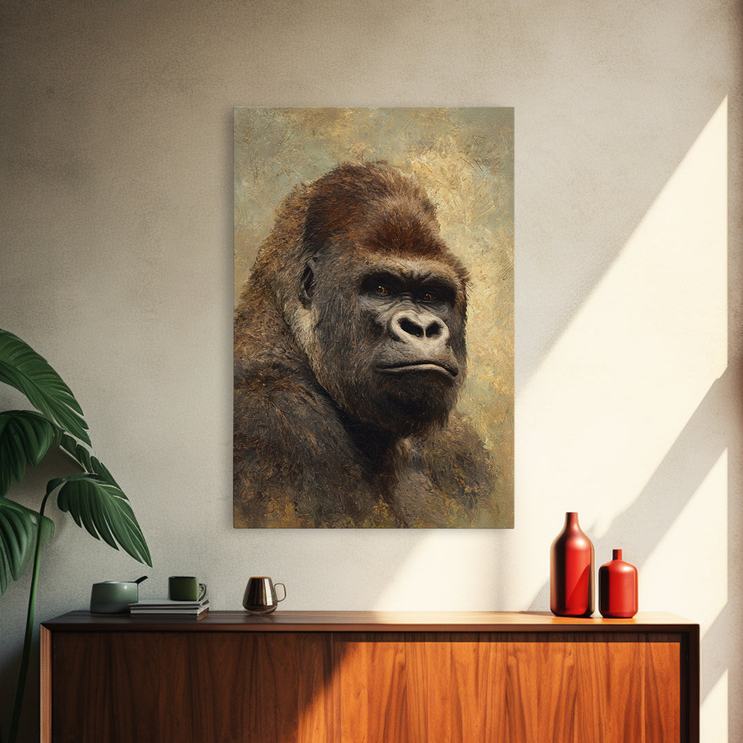 Gorilla Portrait with Powerful Gaze Framed Canvas Print, Wildlife Art, Wall Art Print, Living Room Decor, Oil Painting, Wild, WIL-2x3-97