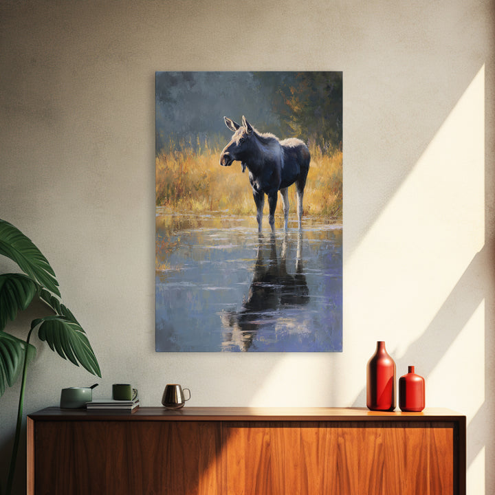 Moose Standing in Reflective Lake Canvas Print, Wildlife Art, Modern Wall Art, Living Room Decor, Fine Art, Wild, Bird Wall Art, WIL-2x3-99