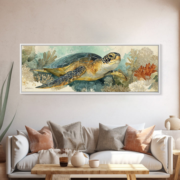 Sea Turtle over Coral Reef Framed Canvas Print, Wildlife Art, Home Decor, Living Room Decor, Fine Art, Wild, Boho Wall Decor, WIL-3x1-10