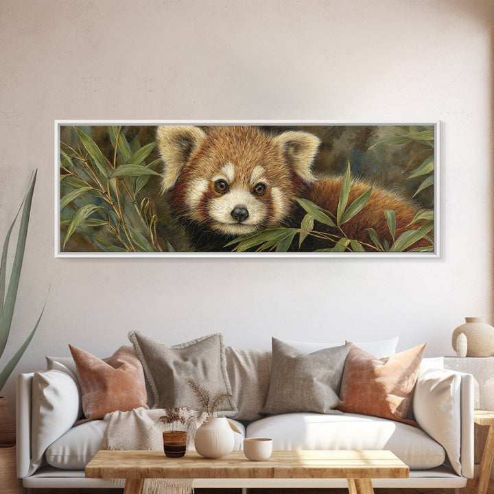 Red Panda Among Bamboo Leaves Framed Canvas Print, Wildlife Art, Canvas Painting, Living Room Decor, Wild, Luxury Decor, WIL-3x1-12
