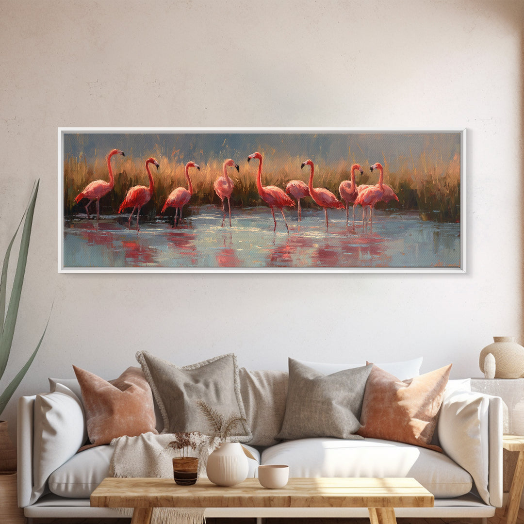 Flamingos in Pink Shallow Water Canvas Print, Wildlife Art, Unique Home Decor, Living Room Decor, Fine Art, Wild, WIL-3x1-14