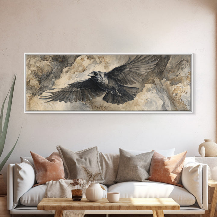 Raven Flying Through Snowy Mountains Canvas Print, Wildlife Art, Modern Art, Living Room Decor, Watercolor Art, Wild, WIL-3x1-16