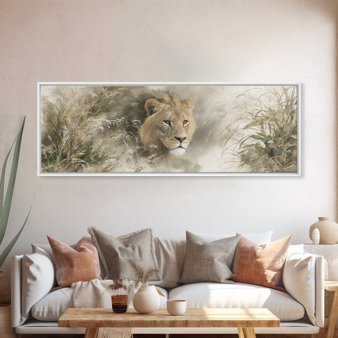 Lion Emerging from Golden Savanna Grass Framed Canvas Print, Wildlife Art, Bird Art, Living Room Decor, Fine Art, Wild, WIL-3x1-17