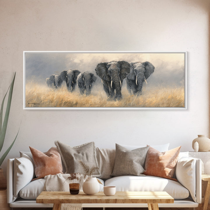 Elephant Herd Walking Through Dusty Sunset Framed Canvas Print, Wildlife Art, Original Art, Living Room Decor, Fine Art, Wild, WIL-3x1-18