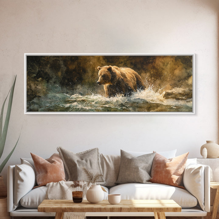Bear Fishing in Rushing Mountain River Canvas Print, Wildlife Art, Nature Wall Art, Living Room Decor, Oil Painting, Wild, WIL-3x1-20