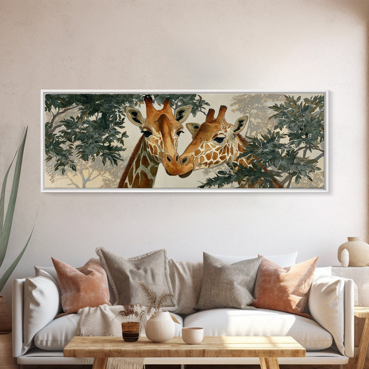 Giraffe Pair under Acacia Tree Framed Canvas Print, Wildlife Art, Boho Decor, Living Room Decor, Fine Art, Wild, Painting, WIL-3x1-23