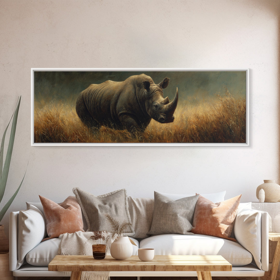 Rhino in Dramatic Stormy Light Canvas Print, Wildlife Art, Rustic Home Decor, Living Room Decor, Fine Art, Wild, WIL-3x1-24