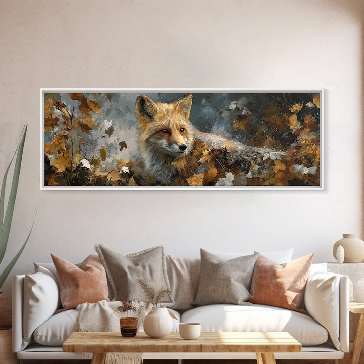 Fox in Autumn Forest Leaves Canvas Print, Wildlife Art, Modern Art, Living Room Decor, Fine Art, Wild, Neutral Decor, WIL-3x1-25