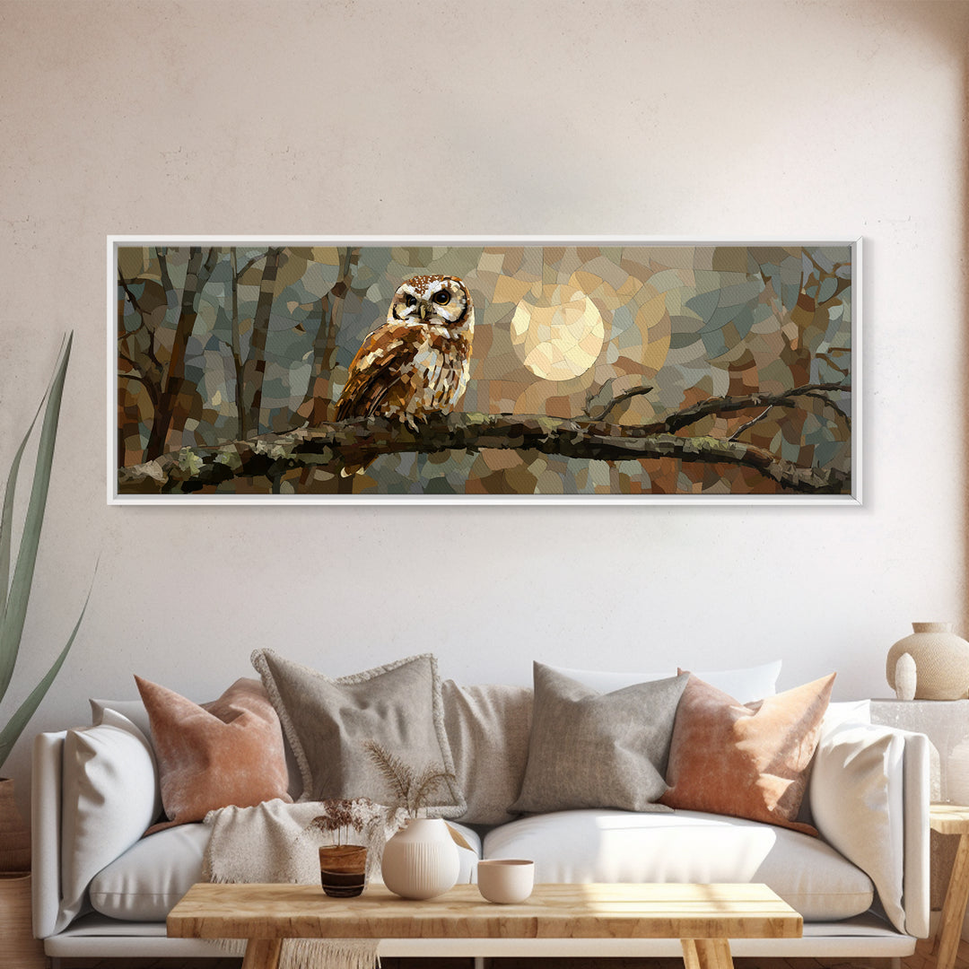 Owl Perched in Moonlit Woodland Framed Canvas Print, Wildlife Art, Forest Wall Art, Living Room Decor, Oil Painting, Wild, WIL-3x1-28