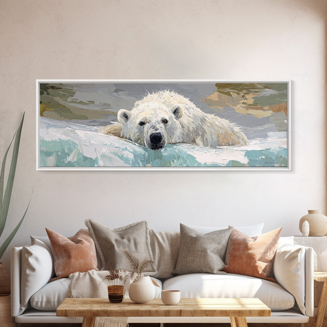 Polar Bear Crossing Blue Ice Canvas Print, Wildlife Art, Luxury Decor, Living Room Decor, Abstract Art, Wild, Oil Painting, WIL-3x1-31