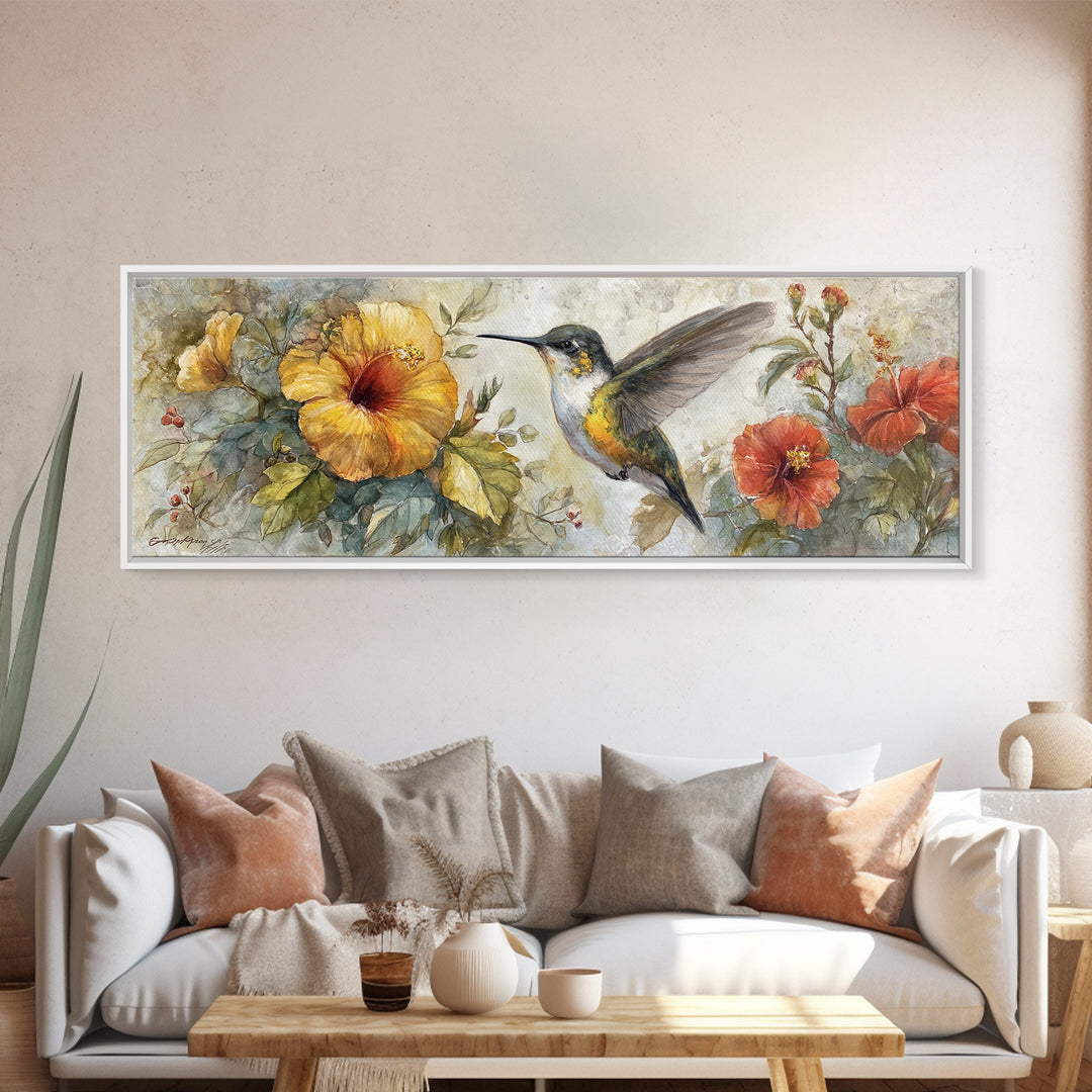 Hummingbird Beside Bright Flowers Framed Canvas Print, Wildlife Art, Unique Home Decor, Living Room Decor, Fine Art, Wild, WIL-3x1-32